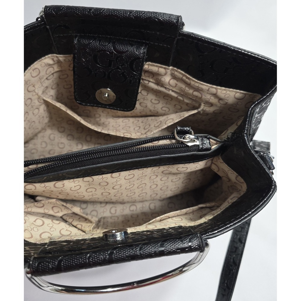 Guess Black Logo Satchel Handbag Silver Handle Crossbody Strap Spacious Bag - Picture 5 of 11